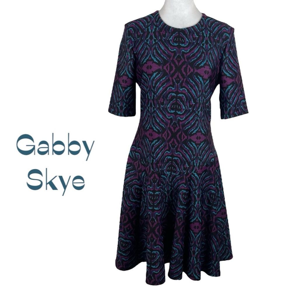 Gabby Skye Black Teal Fit & Flare Feminine Dress Size 10